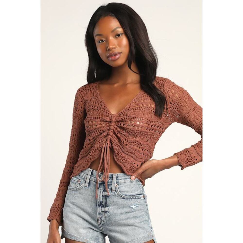 Lulus Only Yours Washed Burgundy Sheer Crochet Ruched Sweater Top Brown